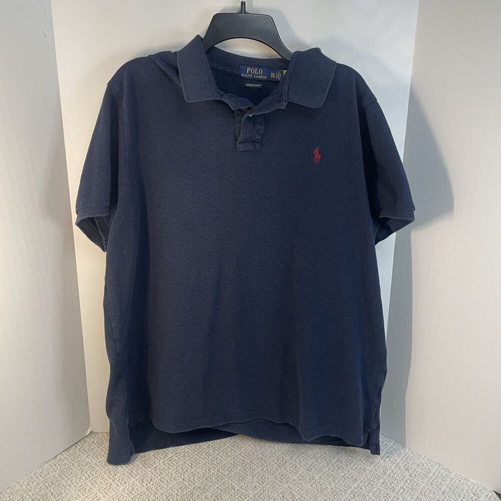 Polo Ralph Lauren Mens XXL Blue Short Sleeve Polo Shirt Custom Slim Fit Red Pony